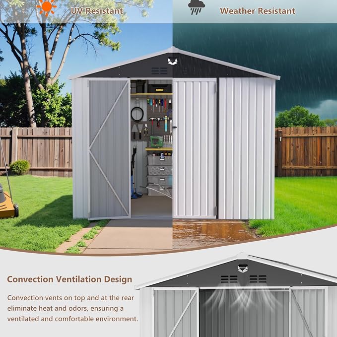 10X8 FT Outdoor Storage Shed, Metal Garden Shed - Tool Storage Sheds with Lockable Doors, Waterproof Outside Storage Building for Backyard, Patio (White; Floor Not Included) - Image 7