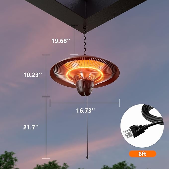 Patio Heater for Outdoor Use 1500W Electric Infrared Hanging Heater, Ceiling Mounted, Waterproof for Porch, Garage, Balcony, Overheat Protection (Brown)