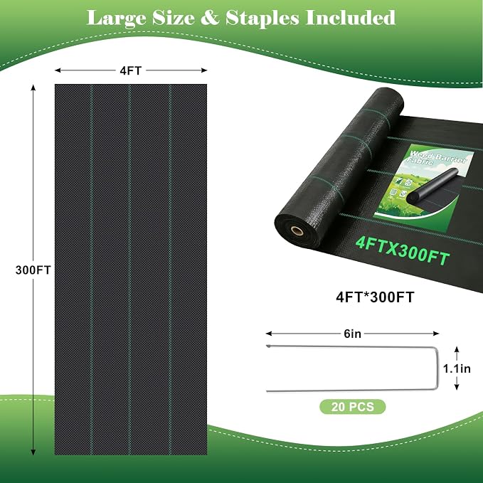 FEED GARDEN 4FT x 300FT Landscape Fabric Weed Barrier Fabric, Heavy Duty 3.2oz Weed Control Mat, Weed Blocker Ground Cover Geotextile Fabric for Gardening, with 20 U-Shaped Stakes - Image 2