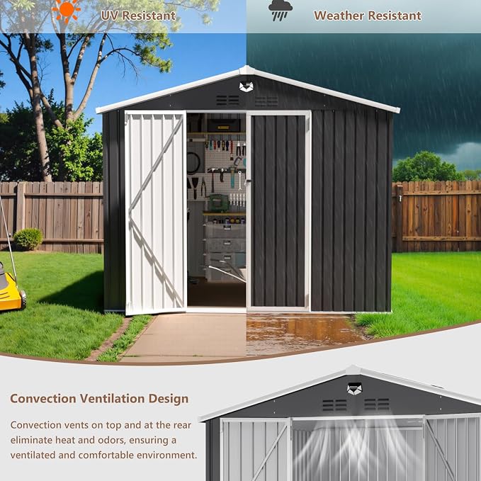 10x8 FT Outdoor Storage Shed, Metal Garden Shed, Storage Tool Sheds with Lockable Doors, Waterproof Outside Storage Building for Backyard, Patio (Black; Floor Not Included) - Image 6
