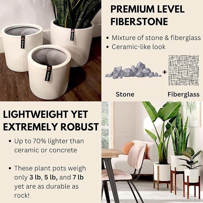 Fox & Fern Matte White Plant Pots with Drainage Plug (Set of 3) — Premium Lightweight Fiberstone 8, 10, and 12 Inch Planters for Indoor and Outdoor Use - Weather Resistant & UV Resistant