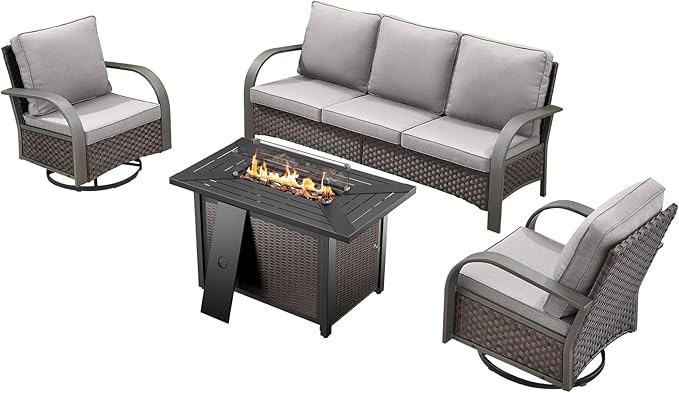 HUMMUH Patio Furniture Set with Fire Pit-Outdoor Swivel Glider Rocking Chair with Patio Sofa Outdoor Conversation Furniture for Deck Porch Garden Poolside Backyard-Brown/Grey