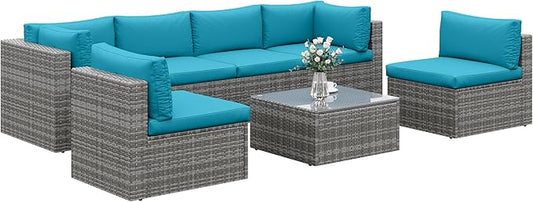 7-Piece Modular Patio Furniture Set, Wicker Outdoor Sectional Sofa with Cushions and Coffee Table, All Weather Patio Conversation Sets for Porch Balcony Backyard, Light Blue