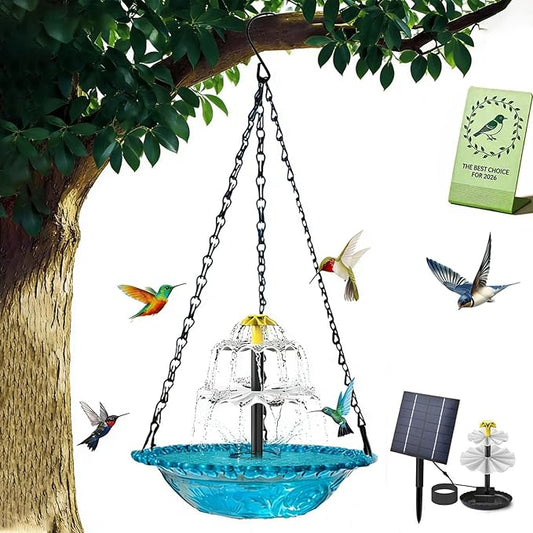 Solar Cascade Hanging Bird Bath Fountain, Tiered Cascade Solar Water Fountains No Wiring, Attracts Hummingbirds & Garden Birds for Outdoors Garden Patio Backyard Lawn Decor (Blue)