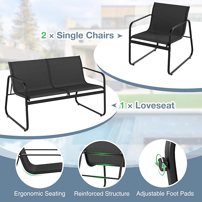 HAPPYGRILL 4 Pieces Patio Conversation Set, Fabric Lawn Chairs and Loveseat with Tempered Glass Coffee Table, Heavy Duty Metal Frame, Outdoor Furniture Set for Porch, Garden and Poolside
