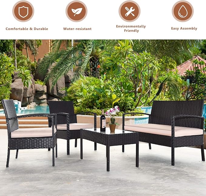 4 Pieces Patio Furniture Set, Wicker Conversation Set with Water-Resistant Cushion & Tempered Glass Table, Porch Deck Furniture Outdoor Rattan Chair for Backyard, Balcony(Beige)