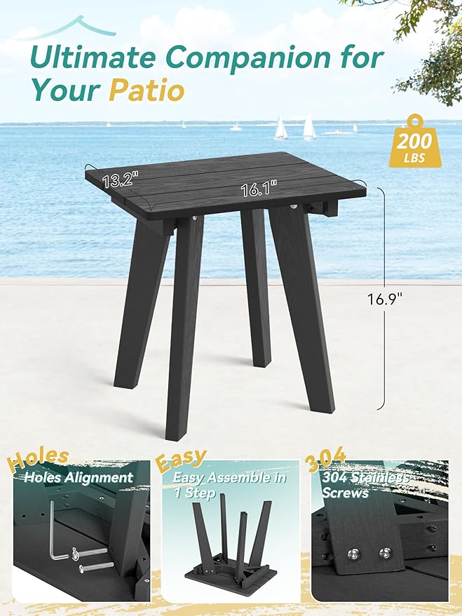 Outdoor Side Table Set of 2, HDPE Weather Resistant Small Patio Table for Porch and Balcony, 200 LBS Capacity Heavy Duty Small Outdoor Table for Backyard and Pool, Easy Maintenance, Black - Image 3