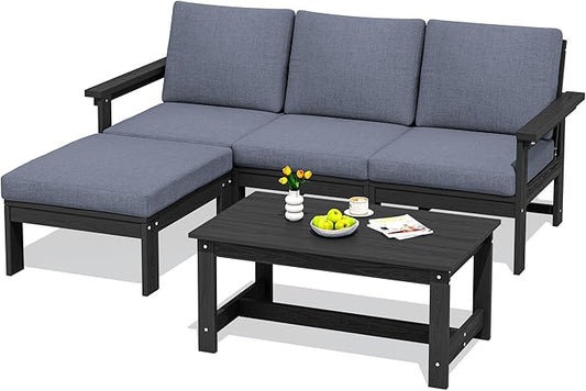 SERWALL Outdoor Sectional Sofa Set, 5-piece Outdoor Modula Couch Set with Ottoman, All Weather Patio Furniture Set with Chaise for Deck, Lawn, Black Frame with Gray Cushion