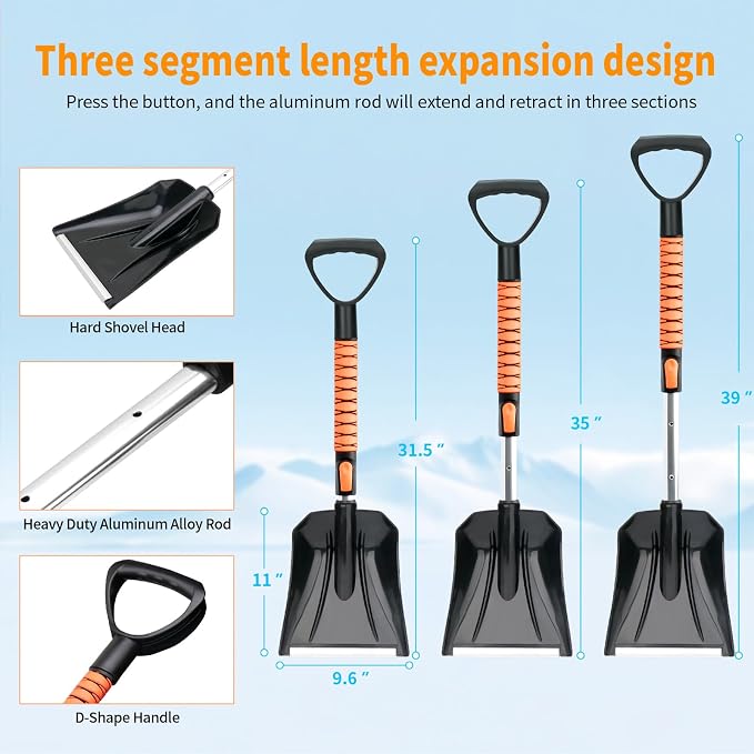 43.3'' Snow Shovel & Snow Brush with Ice Scrapers for Car Windshield,5-in-1 Extendable Thicken Aluminum Tube,180° Pivoting Brush Head & Foam Grip for Christmas, Cars, Trucks, SUVs, Vehicle(Orange - Image 8