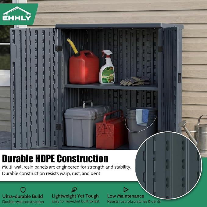 EHHLY Heavy Duty Small Storage Cabinet Outdoor Weatherproof, 14 Cuft Garage Storage Cabinet with 2 Adjustable Shelves, Lockable Kitchen Pantry Closer Organizer, 31Wx23Lx34H, Sage Grey - Image 5