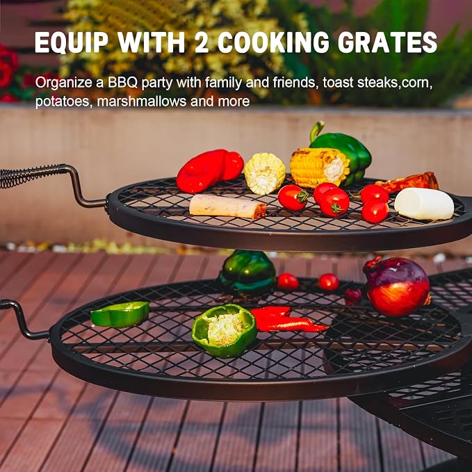 Verdeluxe 42 Inch BBQ Fire Pit with 2 Grills,3-in-1 Outdoor Round Metal Fire Pit Table with Lid,Fire Poker,Large Outdoor Wood Burning Firepits for Outside,Picnic,Bonfire Backyard Patio(Black) - Image 3