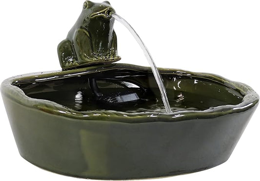 Sunnydaze Ceramic Solar-Powered Water Fountain - Green Glaze - Low-Voltage Submersible Pump with Filter - Frog