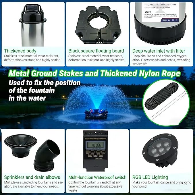 Pond Fountain Aerator with Lights 750W 110V 1 HP with Dynamic RGB Lighting 9 Adjustable Modes Digital Timer | 15,000 GPH 100FT Cord - for Large Ponds Lakes & Outdoor Water Features