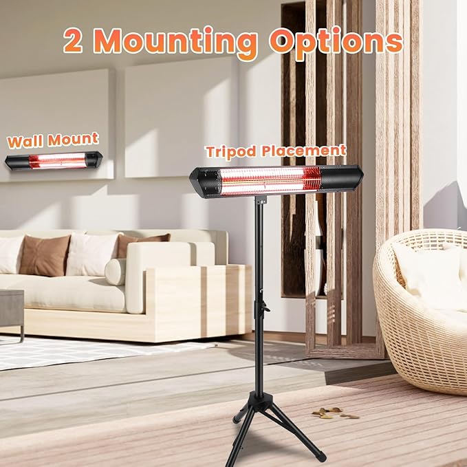 Outdoor Heaters for Patio, 1500W Infrared Heater with Stand, IP65 Waterproof Electric Patio Heater Tripod Wall Mount, 3 Heating Levels, Remotes, Timer for Garage Yard Home