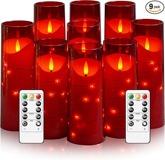 Flameless Candles with Embedded Star String, Battery Operated LED Pillar Candles with Timer and Remote Control,Home Decorating for Ambiance， Set of 9 (Red)
