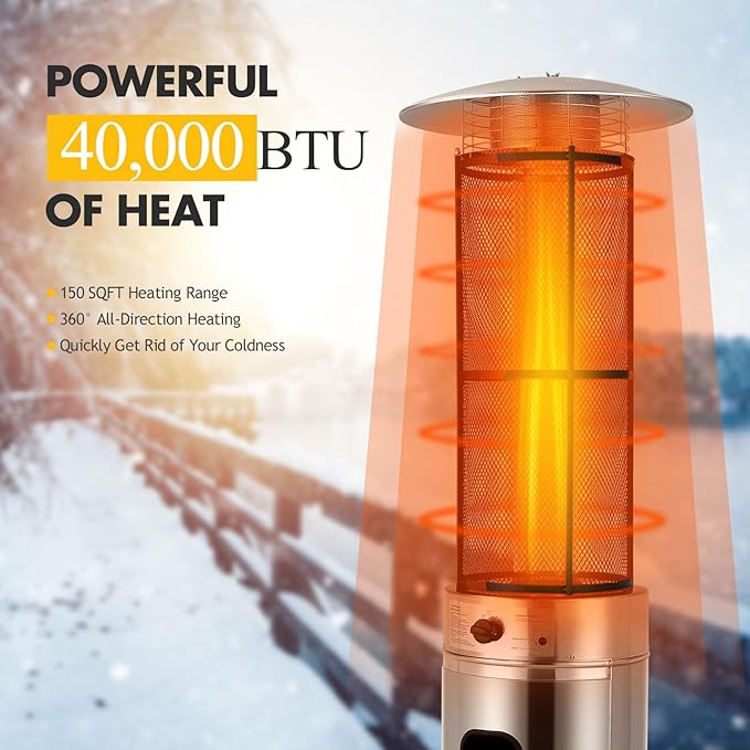 Tangkula Outdoor Heater, 40,000 BTU Stainless Steel Outdoor Patio Heater with Wheels, Quartz Glass Tube, Tip-over & Flameout Protection, Patio Heaters for Outdoor Use, Porch, Outside