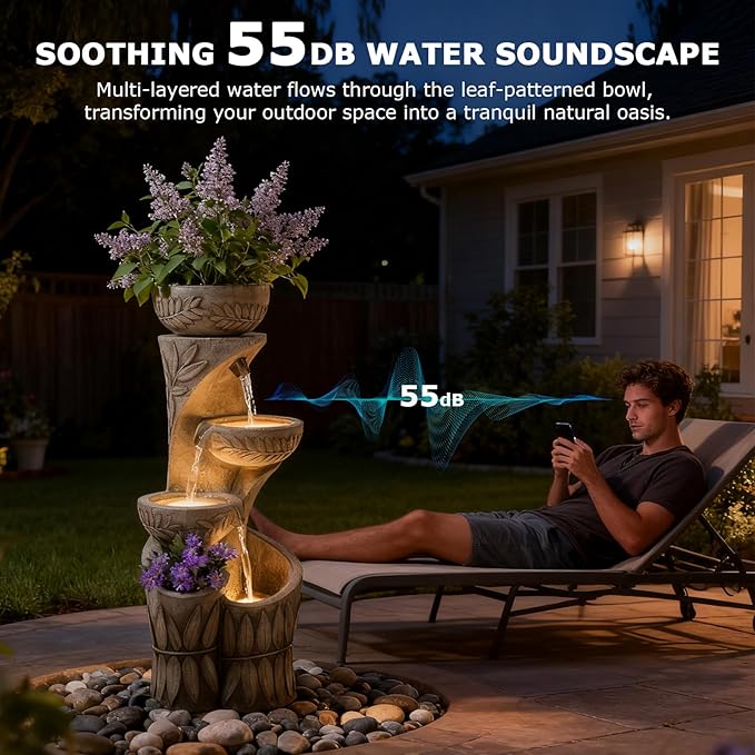 4 Tiered Water Fountain Outdoor, 35.6" Tall Cascading Bowl Leaf Carved Outdoor Waterfall Fountains Modern Water Feature with Dual Planters for Garden, Patio,Deck, Yard, Indoor Decor