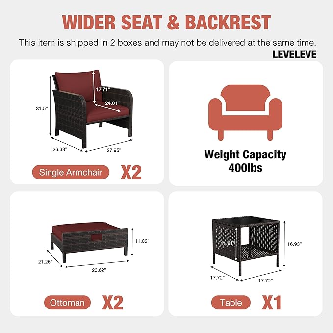 LEVELEVE Patio Conversation Set 5 Piece, Balcony Furniture Outdoor PE Rattan Wicker Lounge Chairs with Soft Cushions, 2 Ottomans & Glass Table for Porch Lawn, Brown (Wine Red Cushions