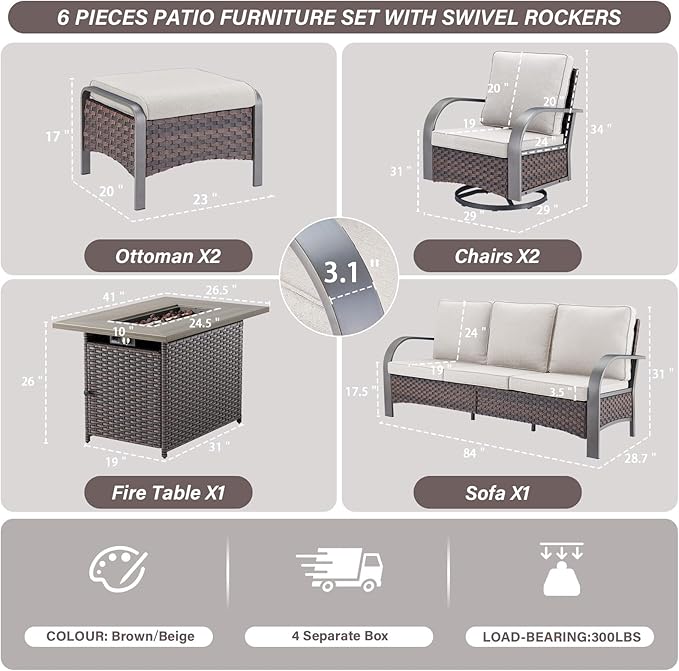 Belord Patio Furniture Set with Fire Pit Table - 50000 BTU Propane Fire Pit, 6 Piece Outdoor Conversation Furniture Sets with 2 Swivel Rocker Chair Rattan Sofa Perfect for Casual Gathering