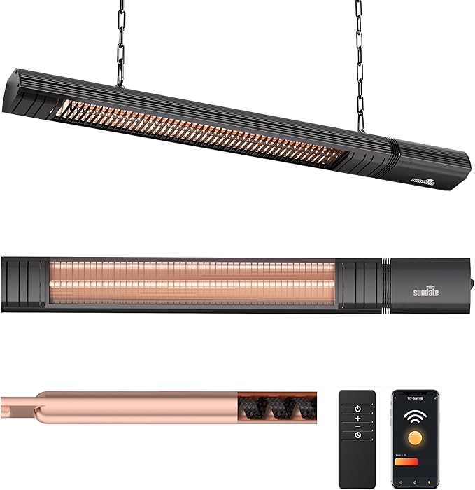 Ceiling Electric Outdoor Heater Wifi Control Wall-Mounted Hanging Patio 1500W Infrared 9 Heat Levels, 24H Timers, Carbon Fiber Tube Heating Wall Heater for Gazebo, Balcony (Rose Gold Quartz Glass)