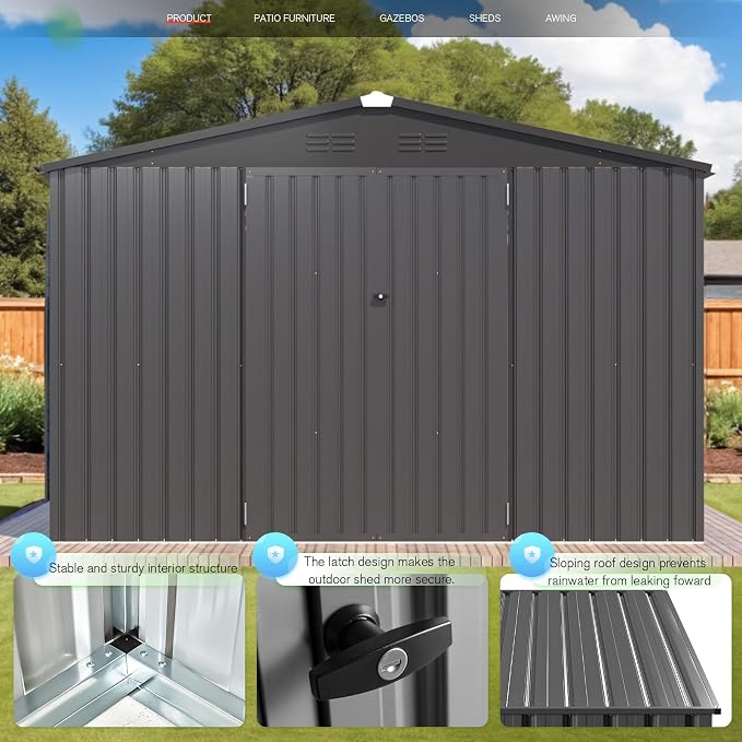 AECOJOY 8' x 10' Outdoor Storage Metal Shed, Dark Grey Steel Yard Shed & Outdoor Storage Clearance with Design of Lockable Doors, Utility and Tool Storage for Garden, Backyard, Patio, Outside use - Image 4