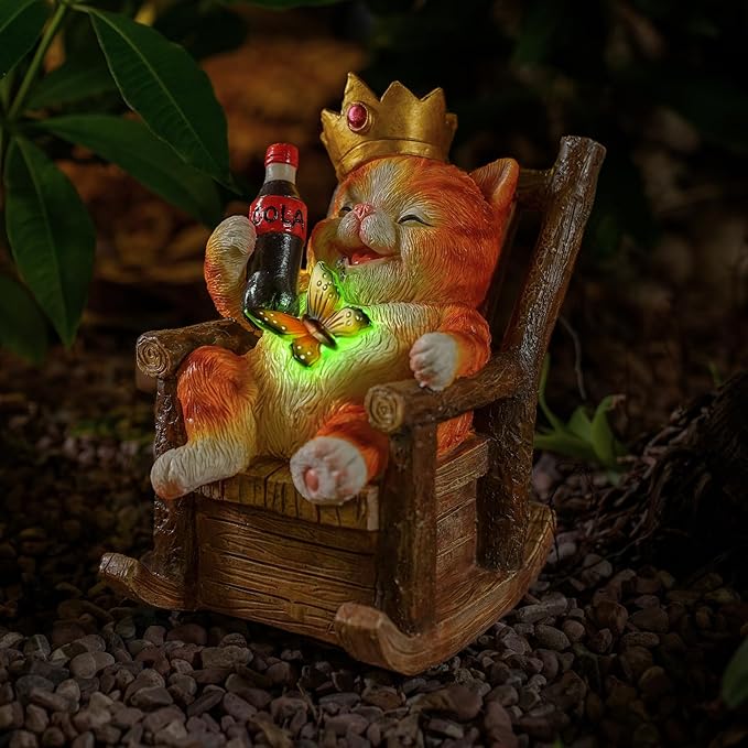 Solar Cat Garden Statue – Funny Orange Tabby Cat with Crown & Cola, LED Butterfly Light, Sitting on Rocking Chair – Outdoor Patio Decor for Yard, Porch, Lawn, or Gift