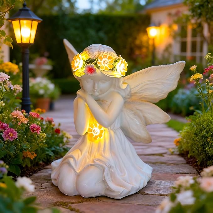 Solar Garden Outdoor Statues Lights, Resin Angel Figurine Light for Patio, Balcony, Yard, Lawn Ornament, Unique Housewarming Gifts and Yard Decor