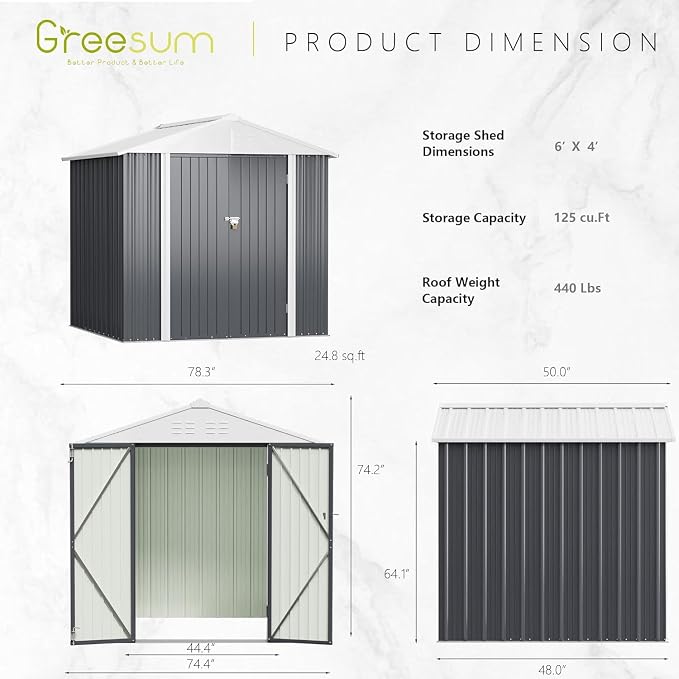 Greesum 6x4FT Outdoor Storage Shed, Utility Tool Shed Metal Storage Garden Shed with Door & Lock for Patio Storage, Gray - Image 3