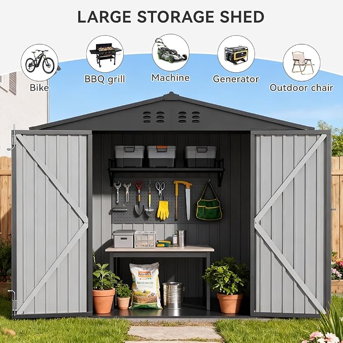 COMHOMA Shed Storage Outdoor Metal Windowed Lockable Weatherproof Ventilated Backyard Garden Utility Workshop(Grey,8'*6') - Image 3