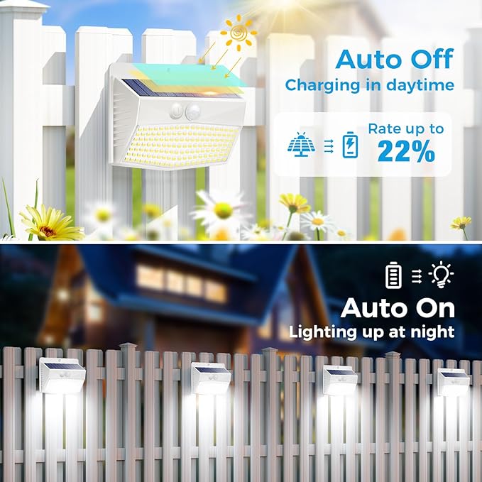 [4 Packs] Solar Outdoor Lights Motion Sensor Solar Security Lights Waterproof with 3 Lighting Modes Solar Powered Wall Lights Outside for Garden Fence Yard,White