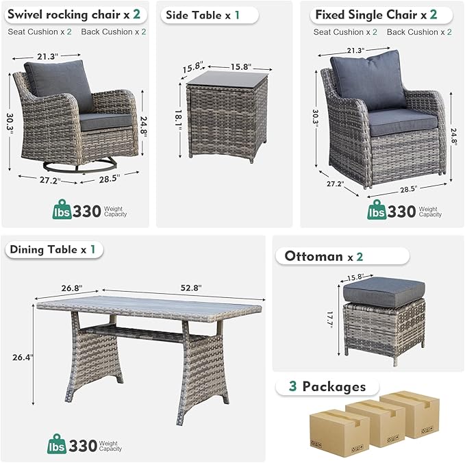 MEISSALIVVE Outdoor Patio Furniture Set with Swivel Chairs, 8 Pieces Wicker Patio Conversation Set, Outdoor Patio Set with 2 Swivel Rocking Chair & 2 Single Chair, 2 Ottomans and Dining Table (Grey)