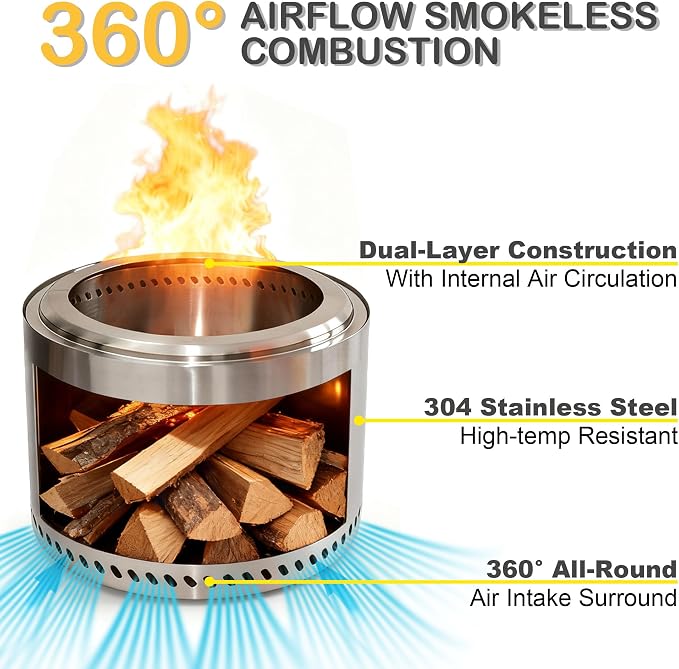 19" Smokeless Fire Pit with Air Switch, Wood Burning Portable Stainless Steel Outdoor Firepit with Removable Ash Pan for Camping, Backyard, Patio & Picnic - Image 2