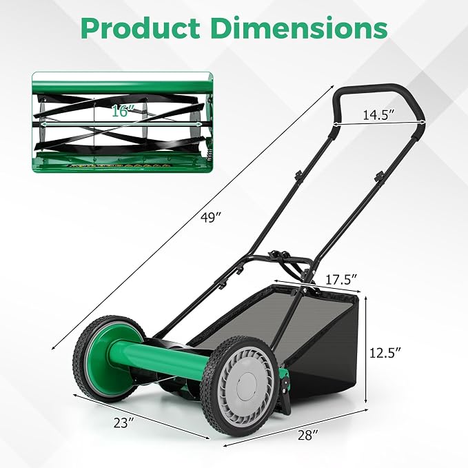 16" Manual Rear Mower, Push Lawn Mower with 5 Steel Blades, Adjustable Cutting Heights & Grass Catcher Bag, Walk-Behind Grass Cutter Lawn Sweeper for Garden, Park & Yard (Green) - Image 7