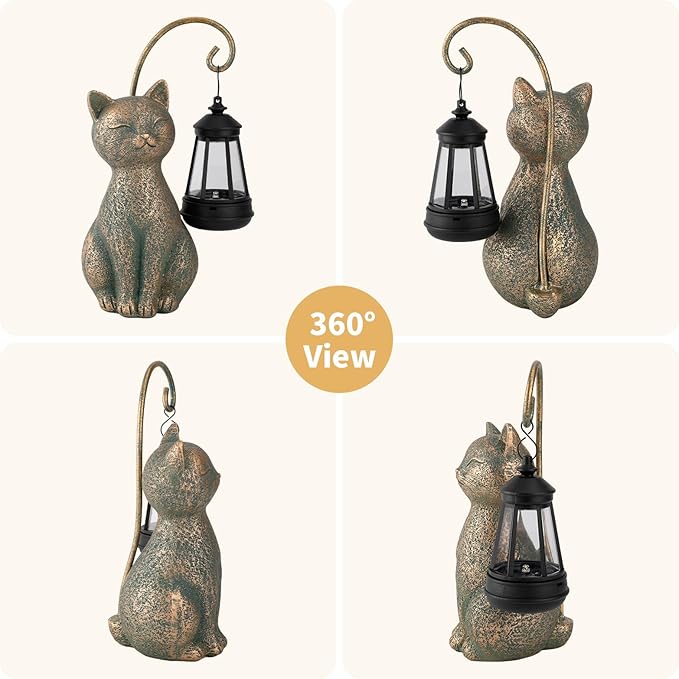 Solar Cat Garden Statue with Hanging Lantern – Waterproof Resin Outdoor Solar Cat Figurine, Decor for Yard, Patio, Balcony – Gift for Cat Lovers or Gardeners