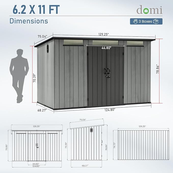 Domi 6.2X11FT Resin Outdoor Storage Shed, Plastic Garden Shed with Carpet, All Weather Outside Storage Building for Lawn Mower, Tools, Bike, Backyard - Image 2
