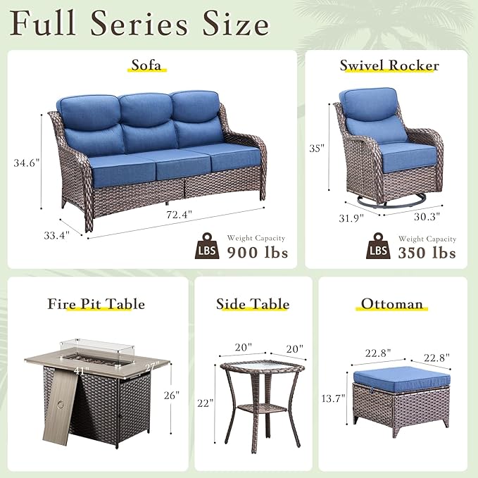 Luxury High Back Outdoor Furniture with 6-inch Extra Thick Cushions, Patio Furniture Set with Fire Pit Table & Swivel Chairs, 9 PCS Wicker Conversation Set for Yard, Deck, Poolside, Brown/Blue