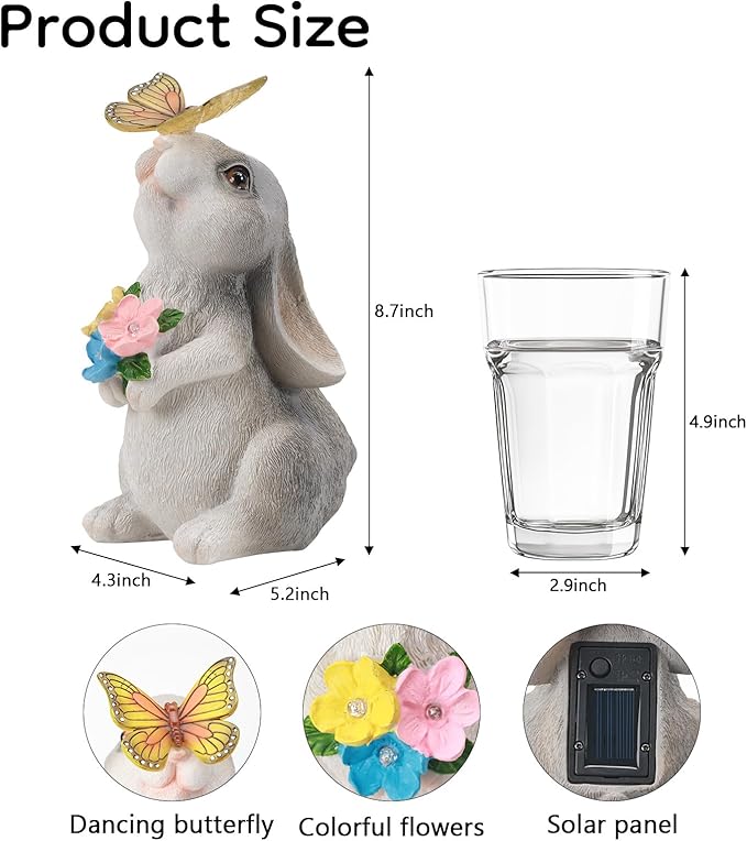 Garden Statue Outdoor Decor, Rabbit Figurines with Solar Butterfly Changing Color LED Lights, Bunny Ornament for Patio Backyard Lawn, Birthday Valentine's Day Gift for Women Mom Grandma
