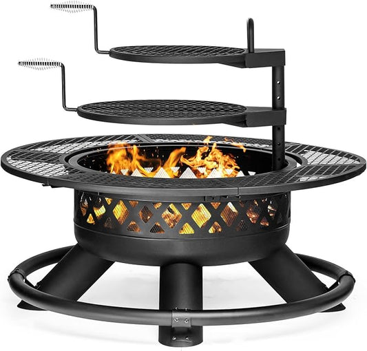 Panovue 47 Inch Outdoor Wood Burning Fire Pit with 2 Grills,Extra Large 3-in-1 Fire Pit with Metal Lid & Fire Poker, Heavy Duty BBQ Firepits for Outside, Backyard, Bonfire, Patio & Party (47'' Black) by Panovue