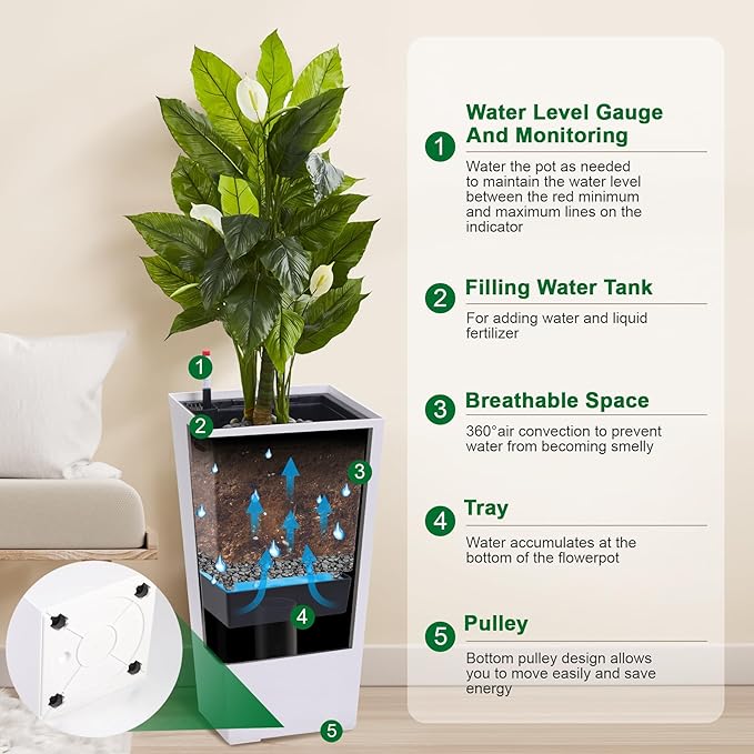 PeakPursuit 30" Tall Planters Set of 2, Outdoor＆Indoor Black Planter Pots, High Front Porch Planter Pots with Drainage Holes＆Water Level Monitor＆Inner Bucket, Automatic Watering, White