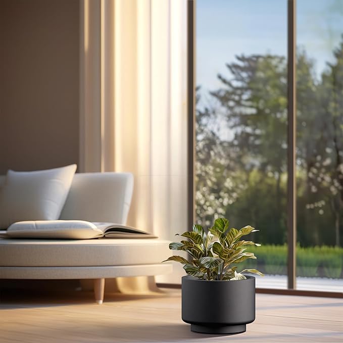 Kante 12.6 Inch Dia Concrete Planter, Round Pedestal Design Garden Pot for Indoor Outdoor Plants, Modern Flower Pot with Drainage Hole and Rubber Plug, Black