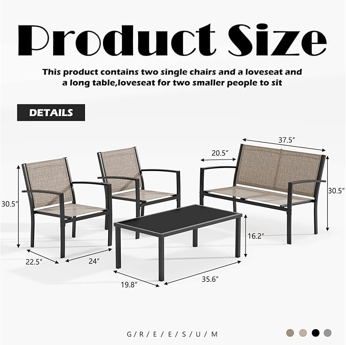 Greesum 4 Pieces Patio Furniture Set, Outdoor Conversation Sets for Patio, Lawn, Garden, Poolside with A Glass Coffee Table, Brown