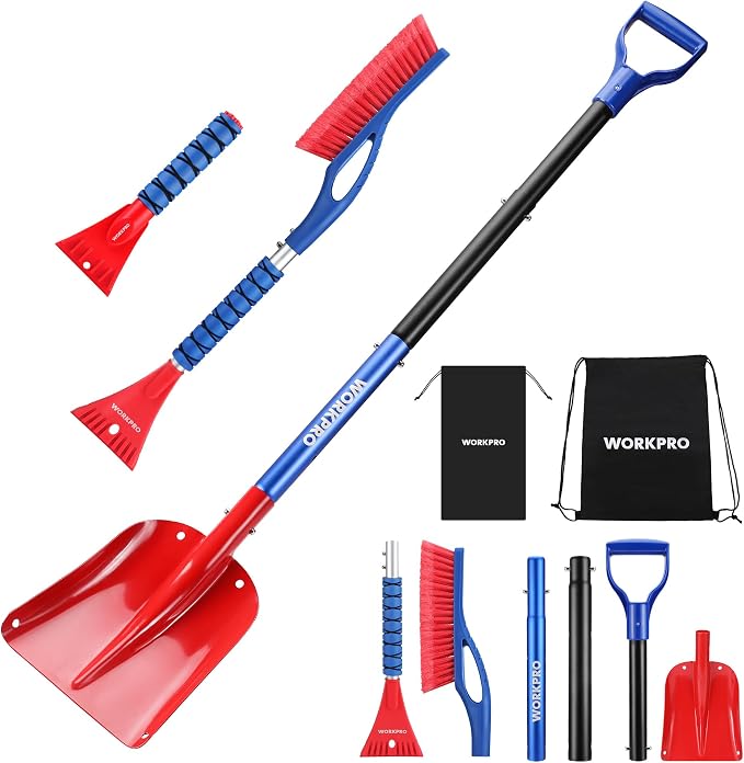 WORKPRO 3-Piece Snow Removal Kit, 47" Detachable Snow Shovel, 27" 2-in-1 Ice Scraper & Snow Brush Tool, Separate Snow Scraper for Car, Truck, Driveway, and Winter Conditions, Storage Bag Included by WORKPRO