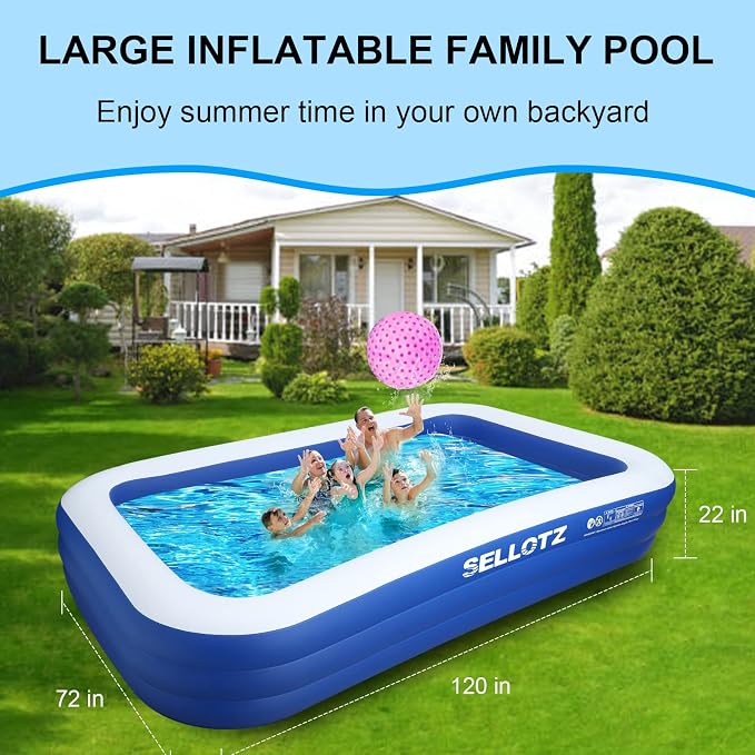 SELLOTZ Inflatable Pool for Kids and Adults, 120" X 72" X 22" Oversized Thickened Family Swimming Pool for Toddlers, Outdoor, Garden, Backyard, Summer Water Party - Image 4