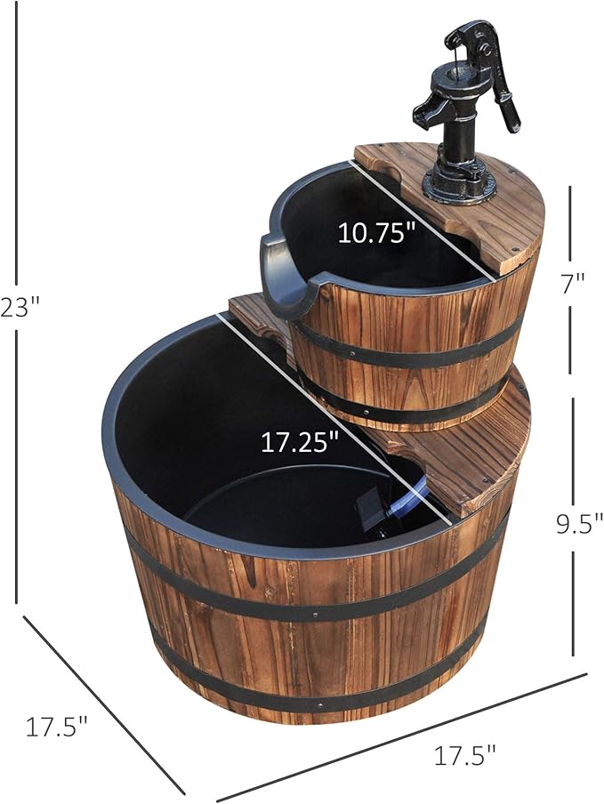 Outsunny Wood Freestanding Fountain with 2 Tier Waterfall Barrel, Electric Pump for Garden Decor, Lawn, Backyard