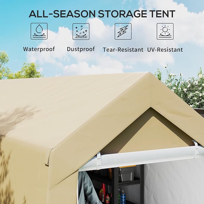 Outsunny 7' x 12' Portable Storage Shed Shelter, Heavy Duty Outdoor Shed, Waterproof Garden Storage Tent with Ventilation Window and Roll-up Zipper Door for Bike, Motorcycle, Garden Tools, Beige - Image 3