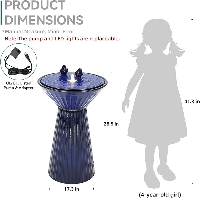 28" Tall Ceramic Outdoor Fountain and Waterfalls, Patio Fountain with LEDs, Birdbath for Outside, Soothing Water Feature for Relaxing Front Porch, Garden, Backyard, Cobalt Blue, 2KD Birds