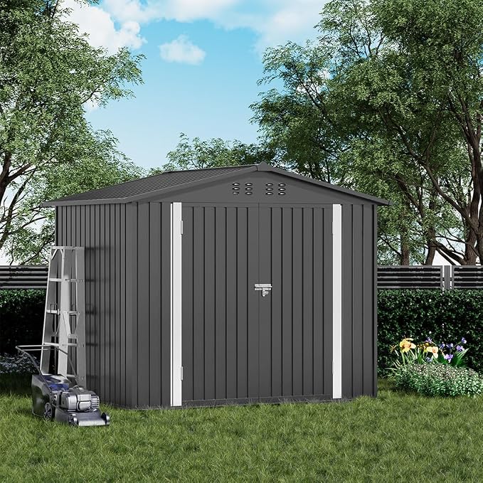 COMHOMA Shed Outdoor Storage Shed Metal,Lockable Doors Tool Sheds with Sloping Roof,Steel Garden Shed with Air Vent for Backyard,Patio,Lawn,Poolside(Grey,8'x6') - Image 2
