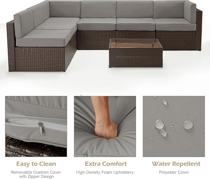 U-MAX 7 Piece Outdoor Patio Furniture Set, PE Rattan Patio Brown Wicker Sectional Furniture Chair Set with Cushions and Tea Table, Brown Rattan and Dark Grey Cushion