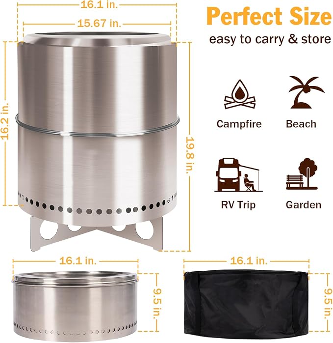 BRIOPAWS Large Smokeless-fire-pit Outdoor | 15 IN | 304 Stainless-Steel-Firepit | Portable Solo Fire Pits for Outside, Camping | Low Smoke Stove | Wood Burning Chimenea, Inclu. Bag, BBQ Forks, Handles - Image 6