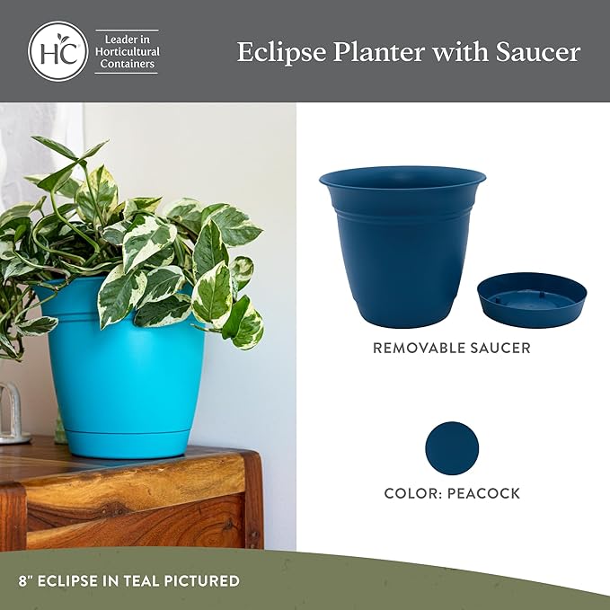 The HC Companies 12 Inch Eclipse Round Planter Pots with Drainage Holes & Attached Saucer, Lightweight UV-Resistant Plastic Indoor Outdoor Planters, 2-Pack Flower Pots for Garden & Home Decor, Peacock